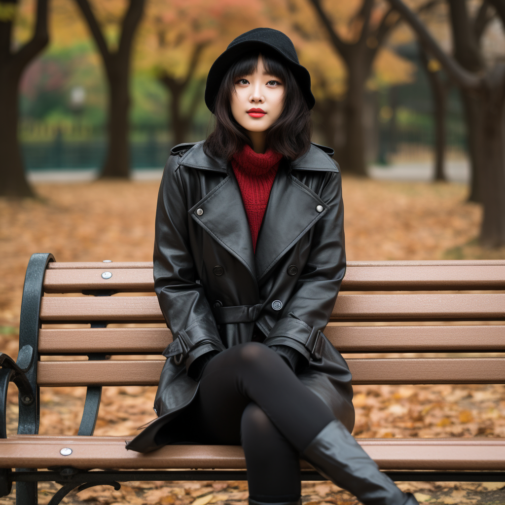 Stylish Korean woman sitting on park bench in fall