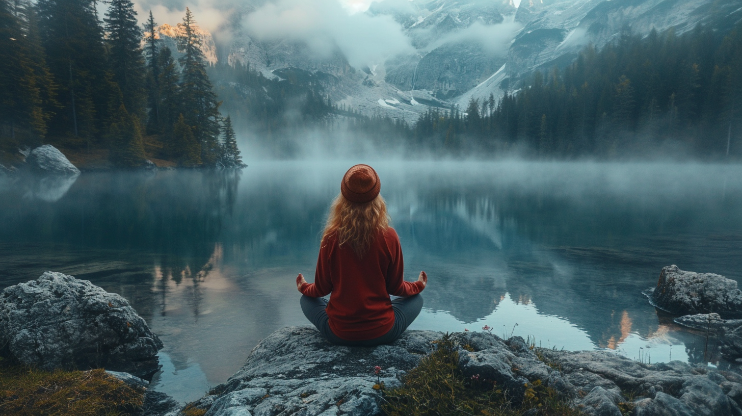 Lady Meditating by Misty Lake