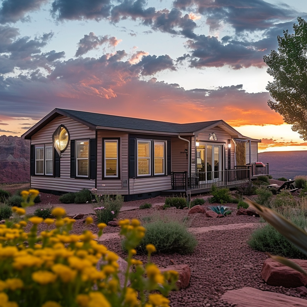 Beautiful landscaping near red mountain sunset