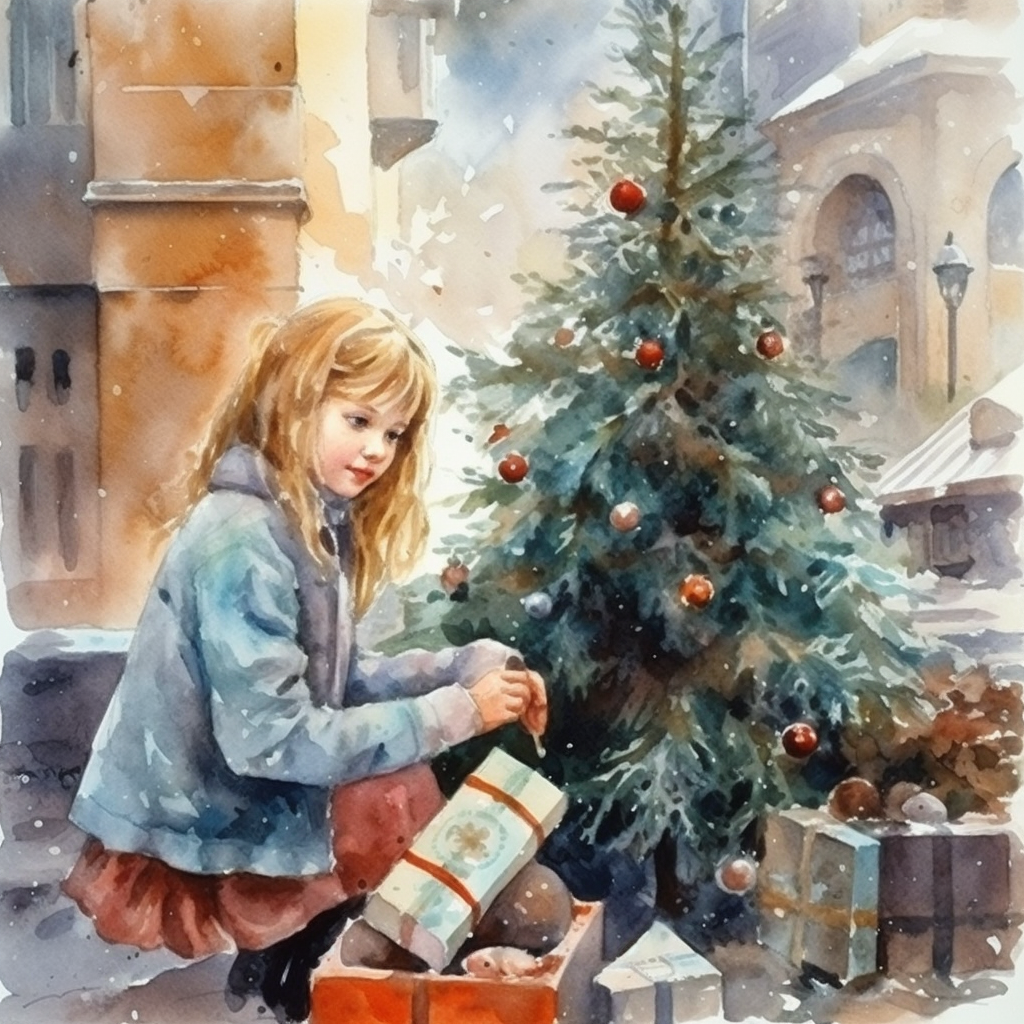 Little girl decorating Christmas tree joyfully