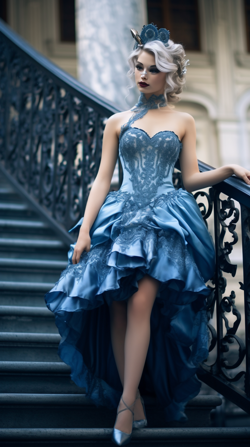 Beautiful girl in azure ball gown with Venetian mask