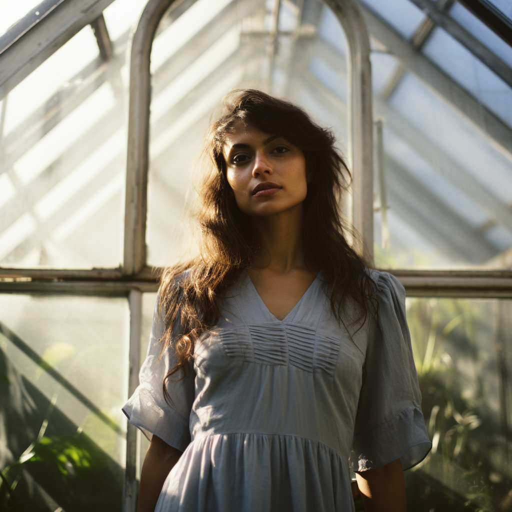 Latin woman in blue shift dress smiling in palm house