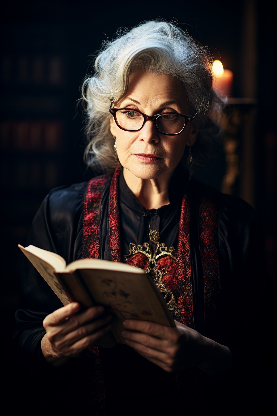 Professional middle-aged woman with glasses reading a book  ?