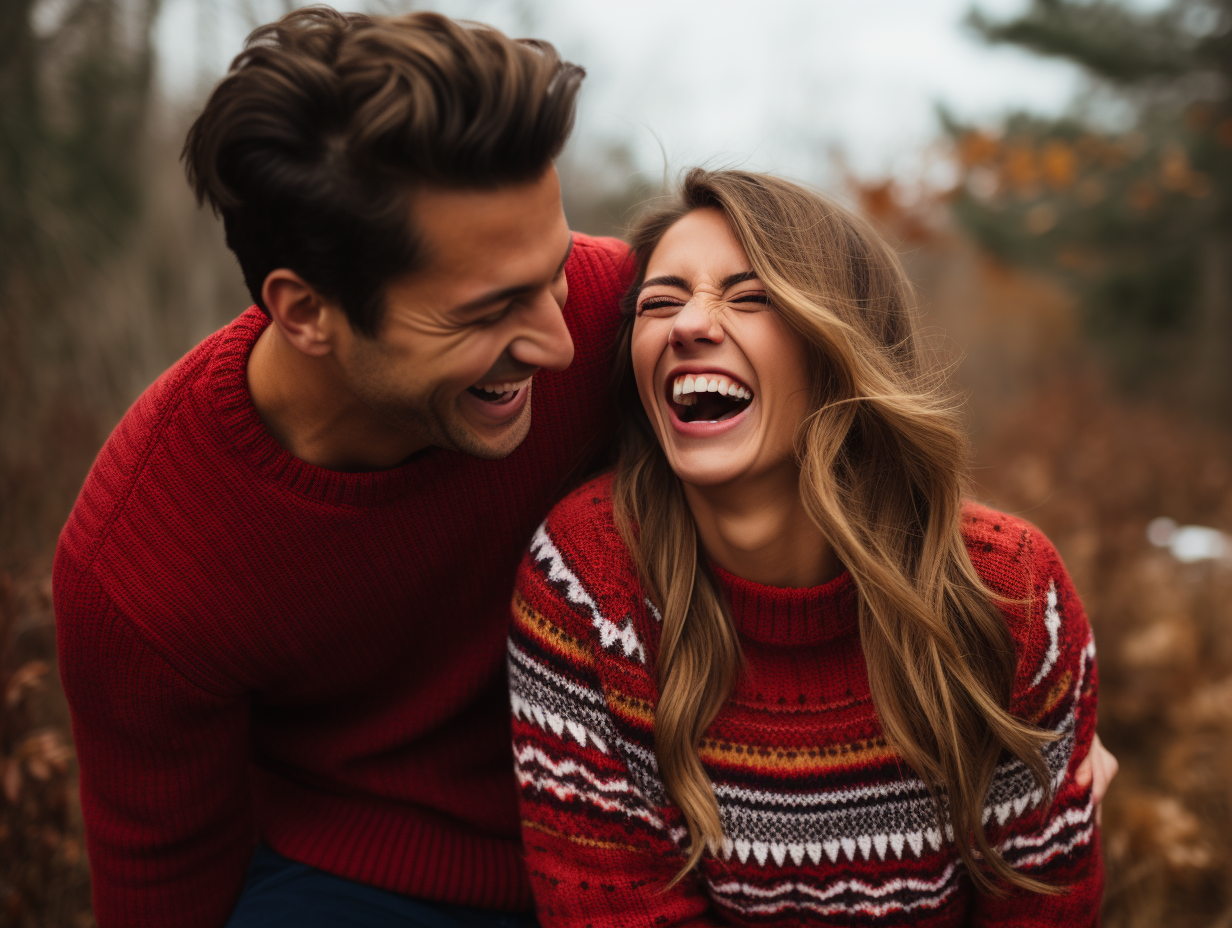 Model couple laughing in red sweaters