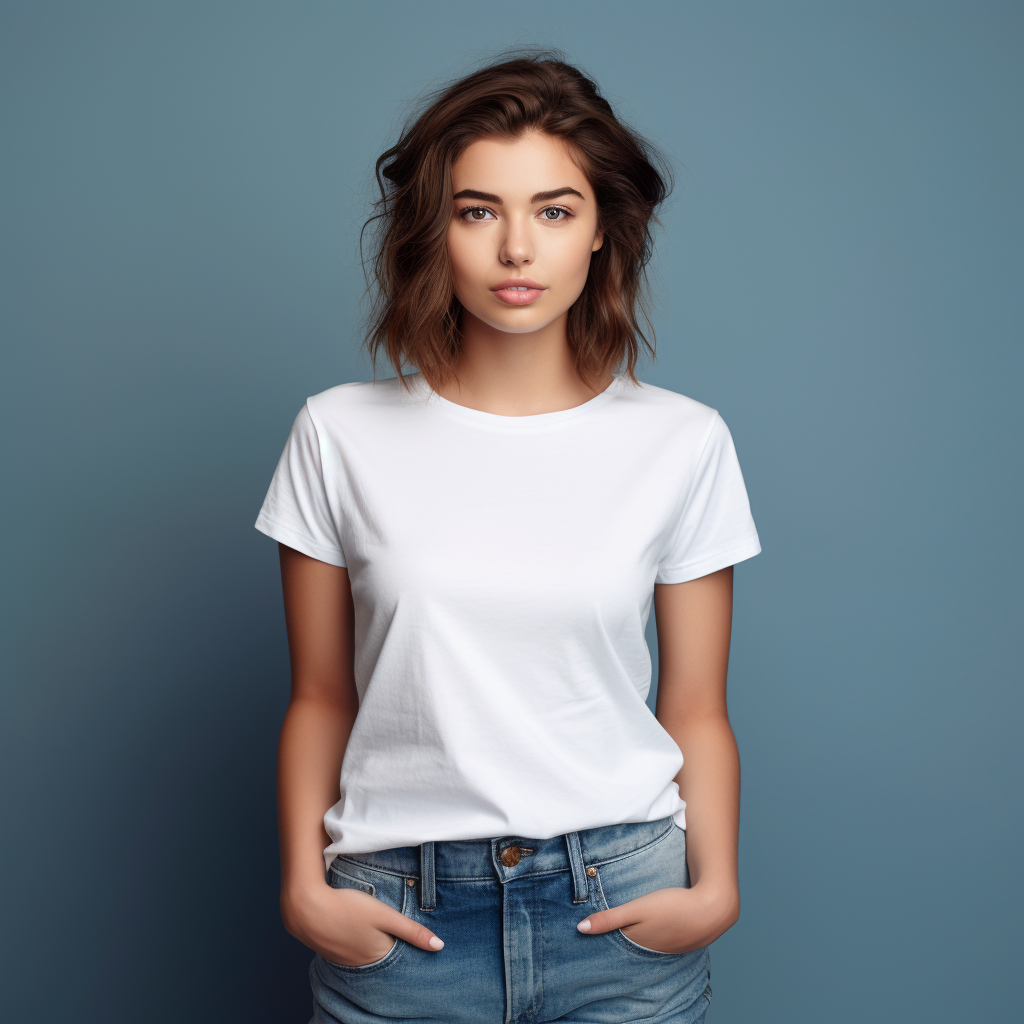 Stunning model in denim jeans and white shirt