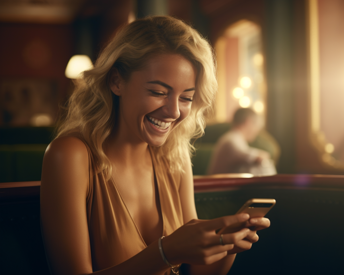 Model laughing while texting on phone