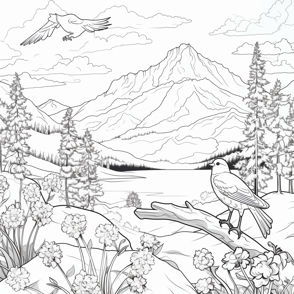 Beautiful Nation Park Landscapes with Mountain, Bird, Cartoon