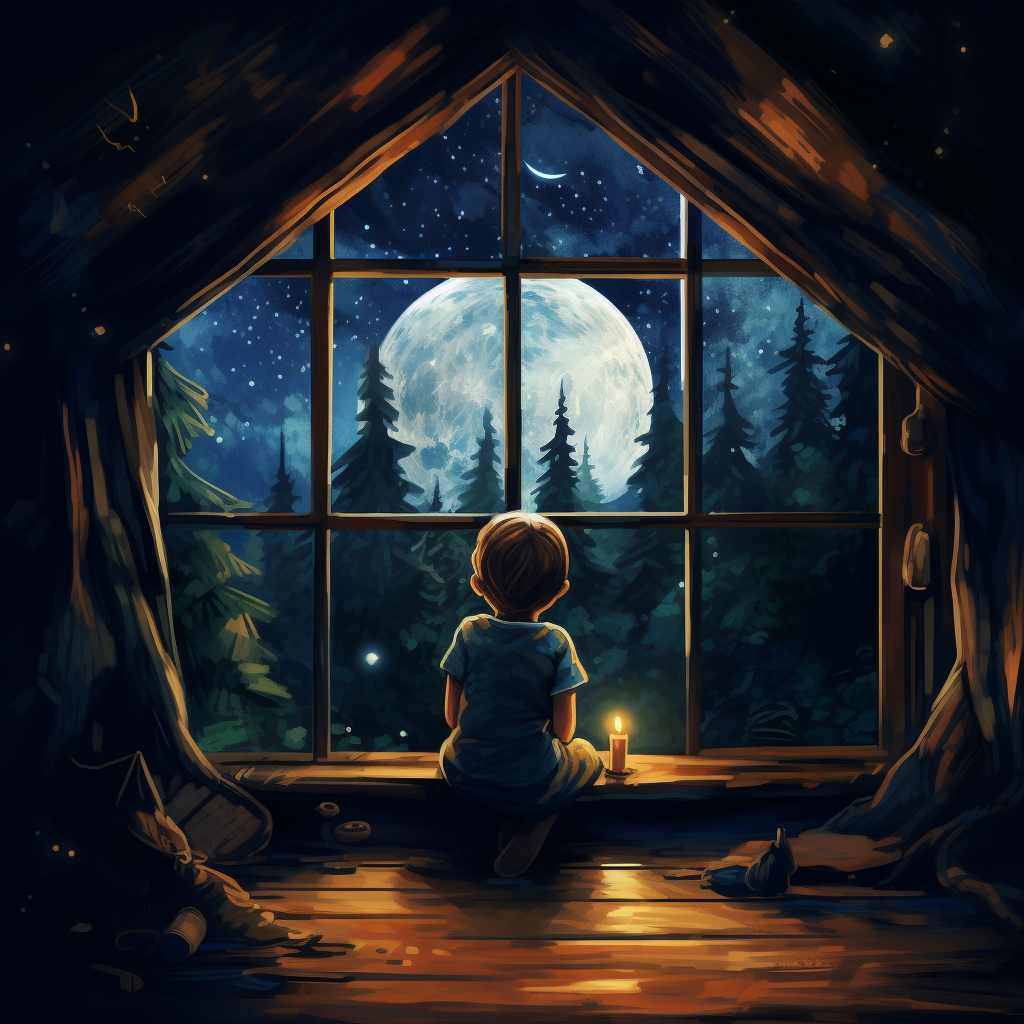 Child gazing at magical night forest