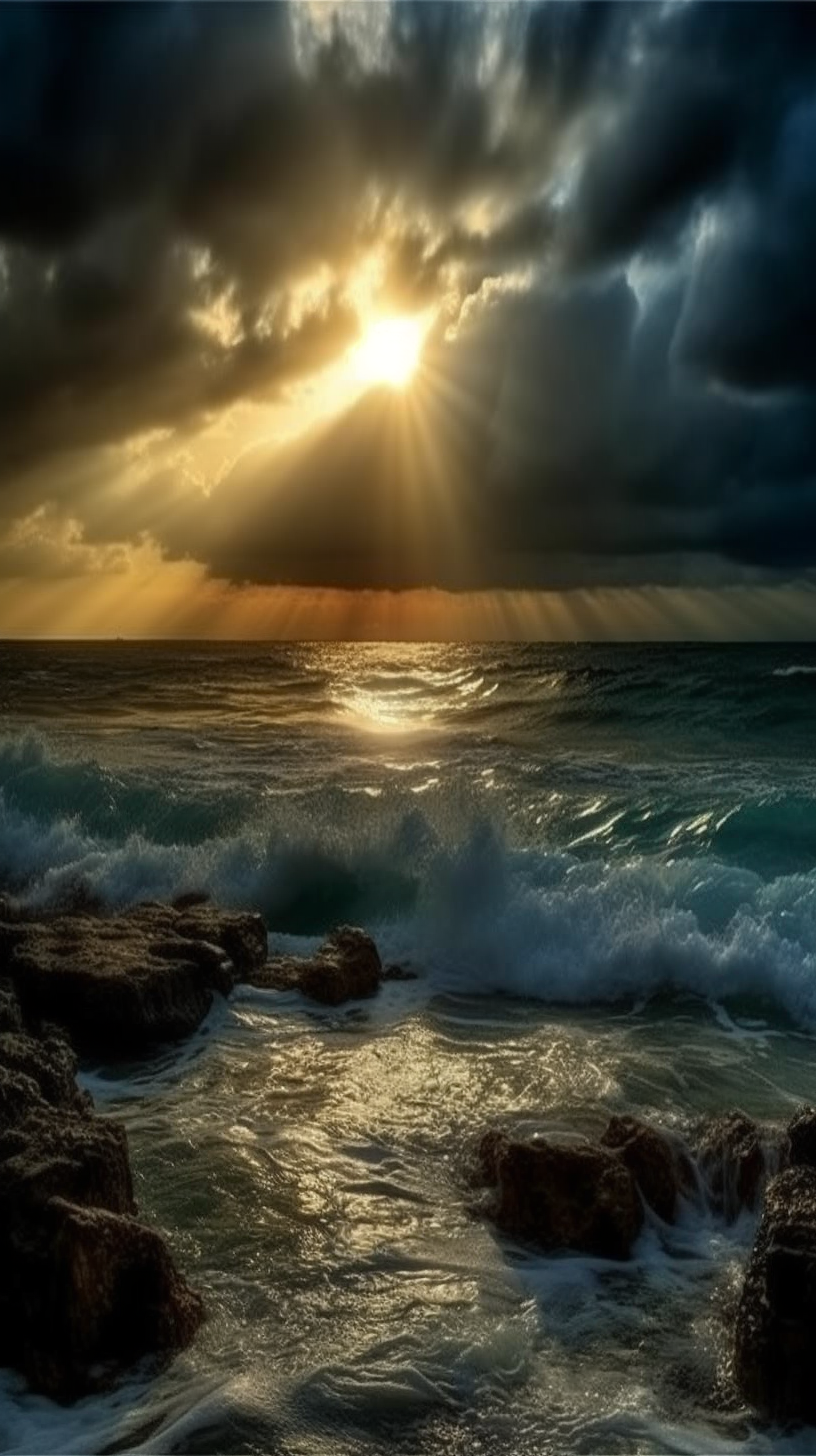 Ocean sunset with beautiful clouds and god rays