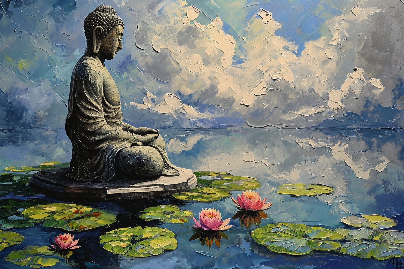 Buddha Statue with Water Lilies