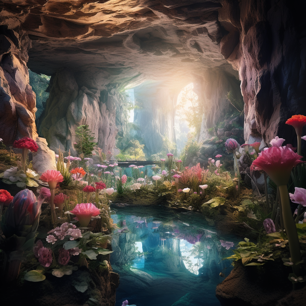 Serene scene of flowers in cave