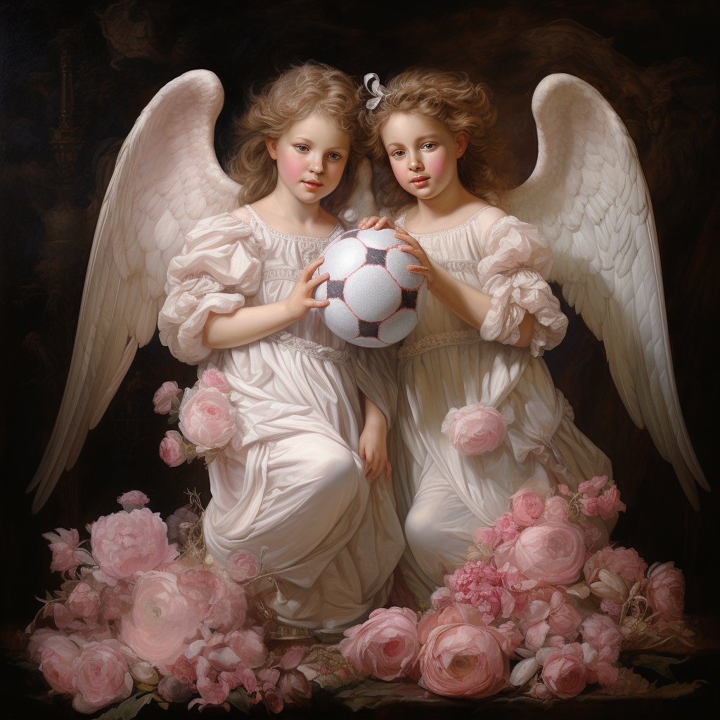 Angels holding soccer ball in Renaissance style