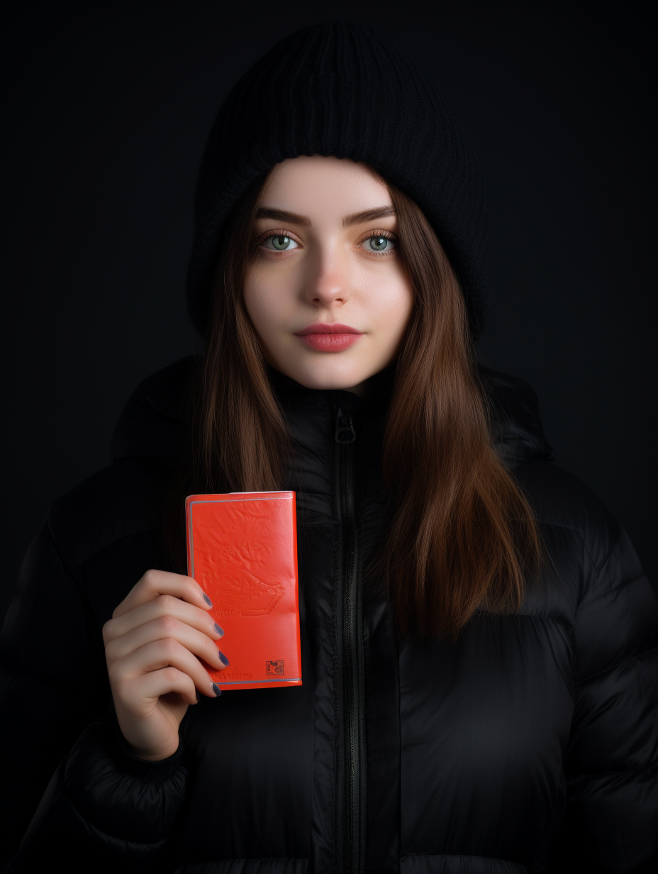 Beautiful girl in hoodies with black passport cover