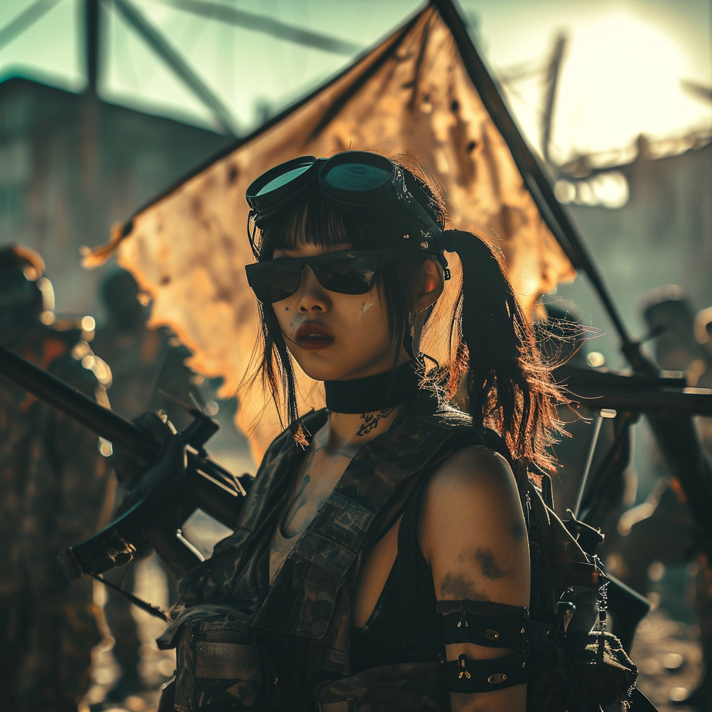 Beautiful Japanese girl in cyberpunk wastelander outfit