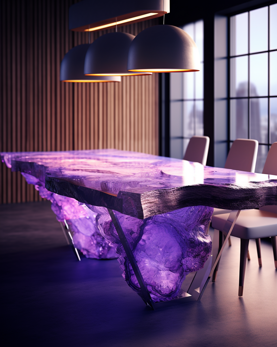 Beautiful purple quartz and geode flat dining table