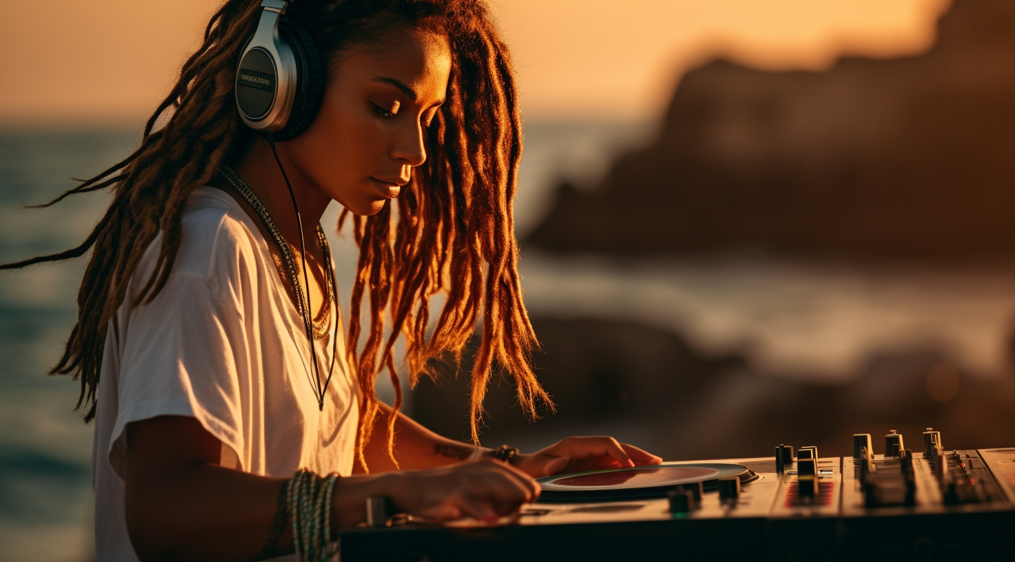 Stylish DJ woman mixing by the sea