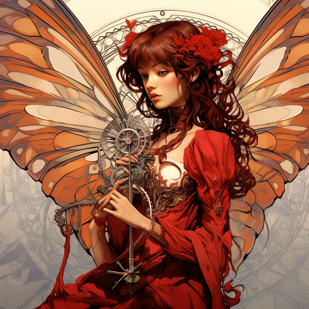 Red Angel Woman with Mechanical Dragonfly