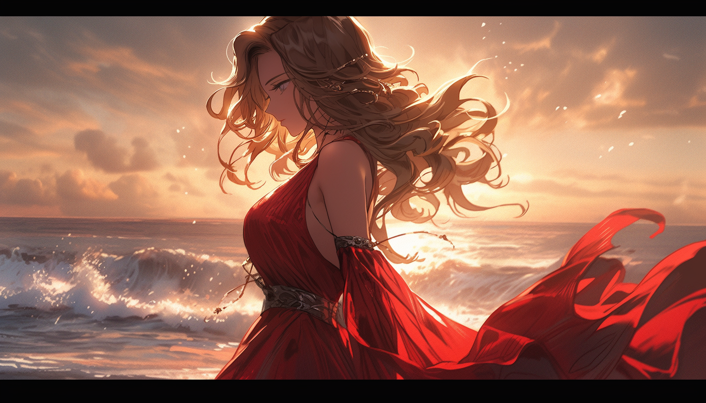 Beautiful girl in red dress by the ocean