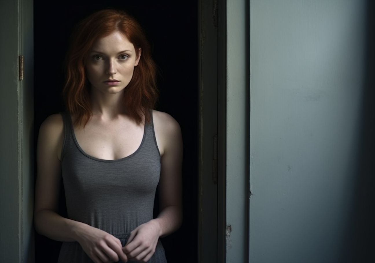 Beautiful redhead woman in minimal apartment doorway