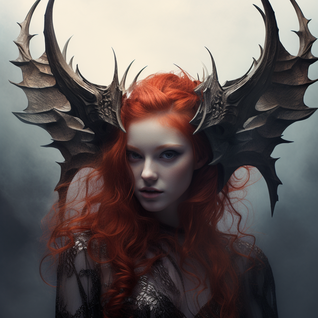 Gorgeous redhead woman with horns and bat wings