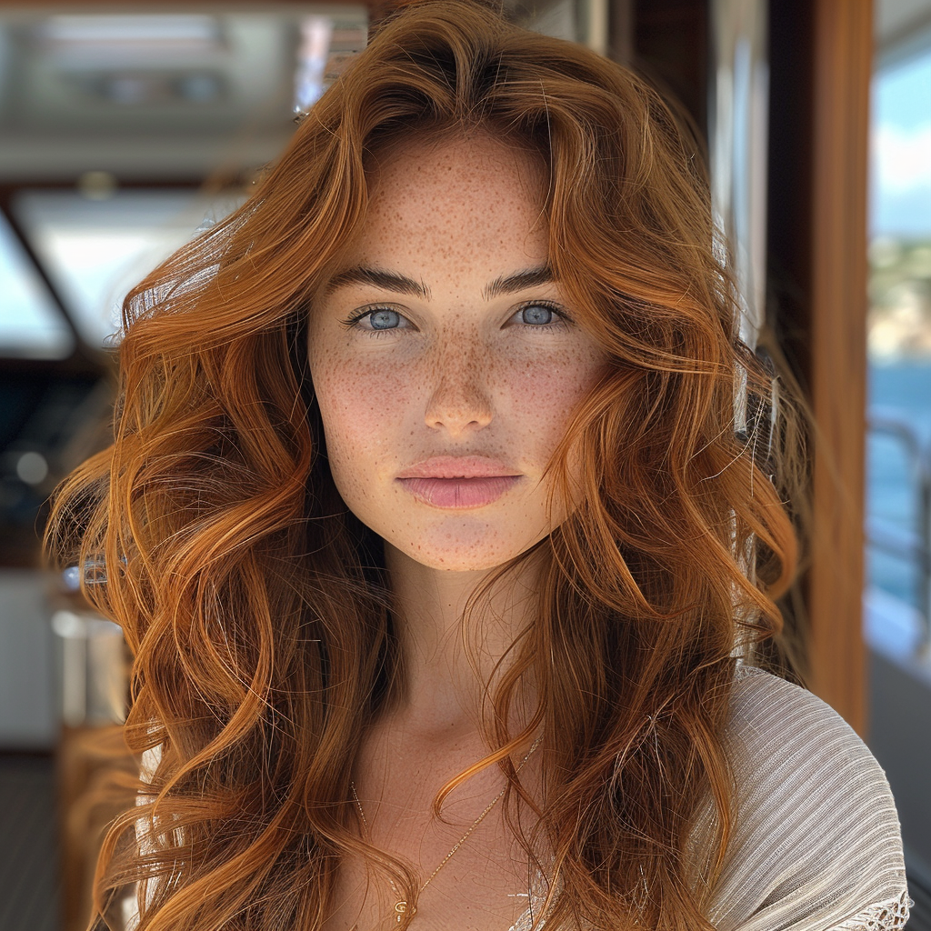 Beautiful redhead woman on yacht