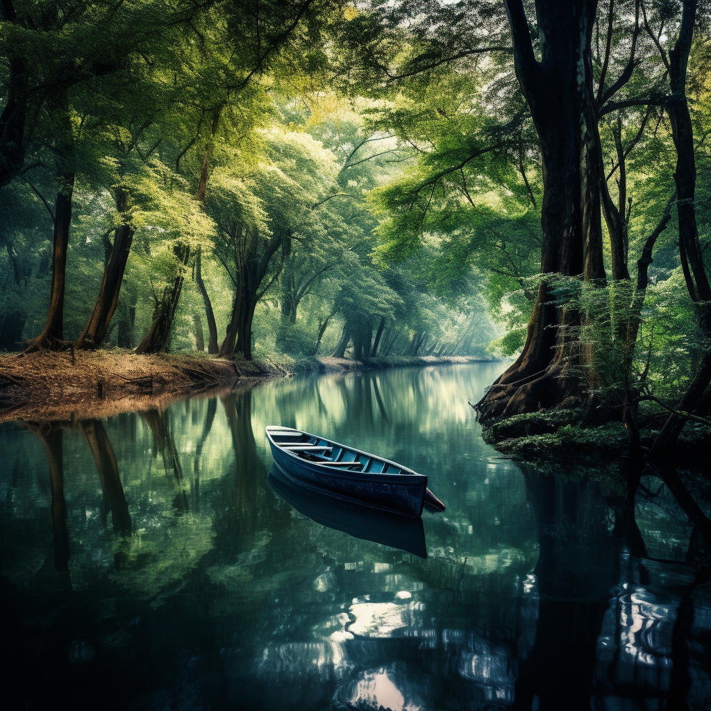 Serene forest with river and boat