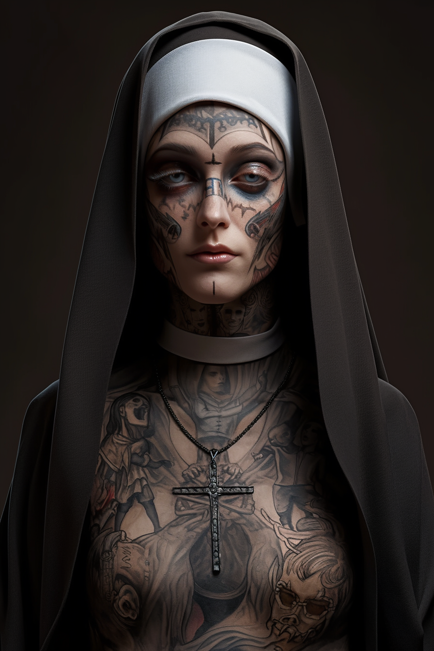 Stunning nun with religious face tattoos