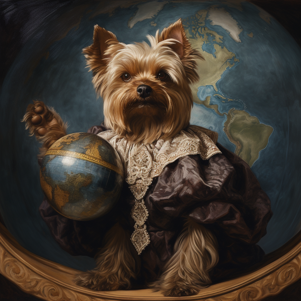 Adorable Yorkie holding a Renaissance masterpiece