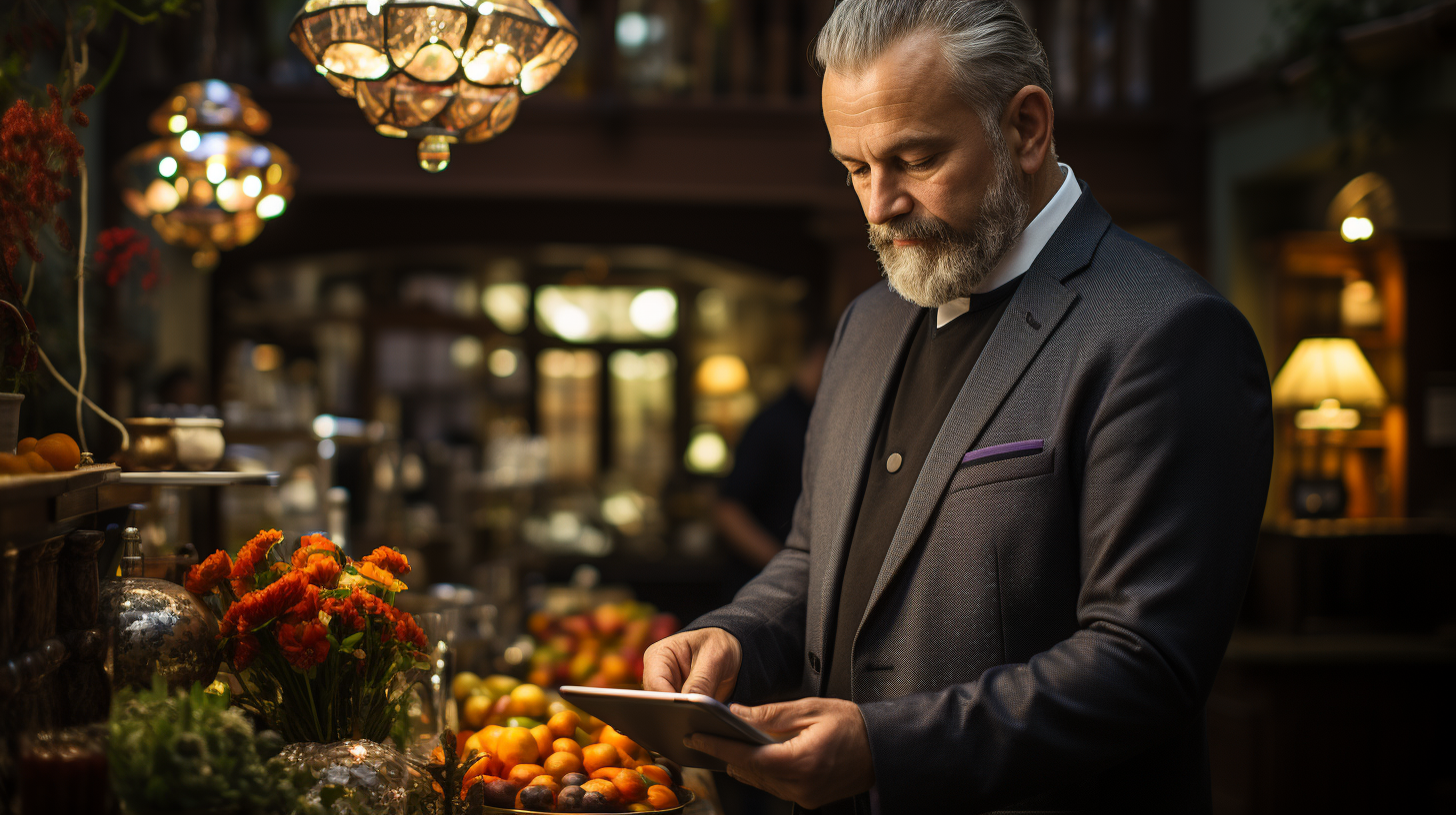 Professional hostess holds iPad at restaurant