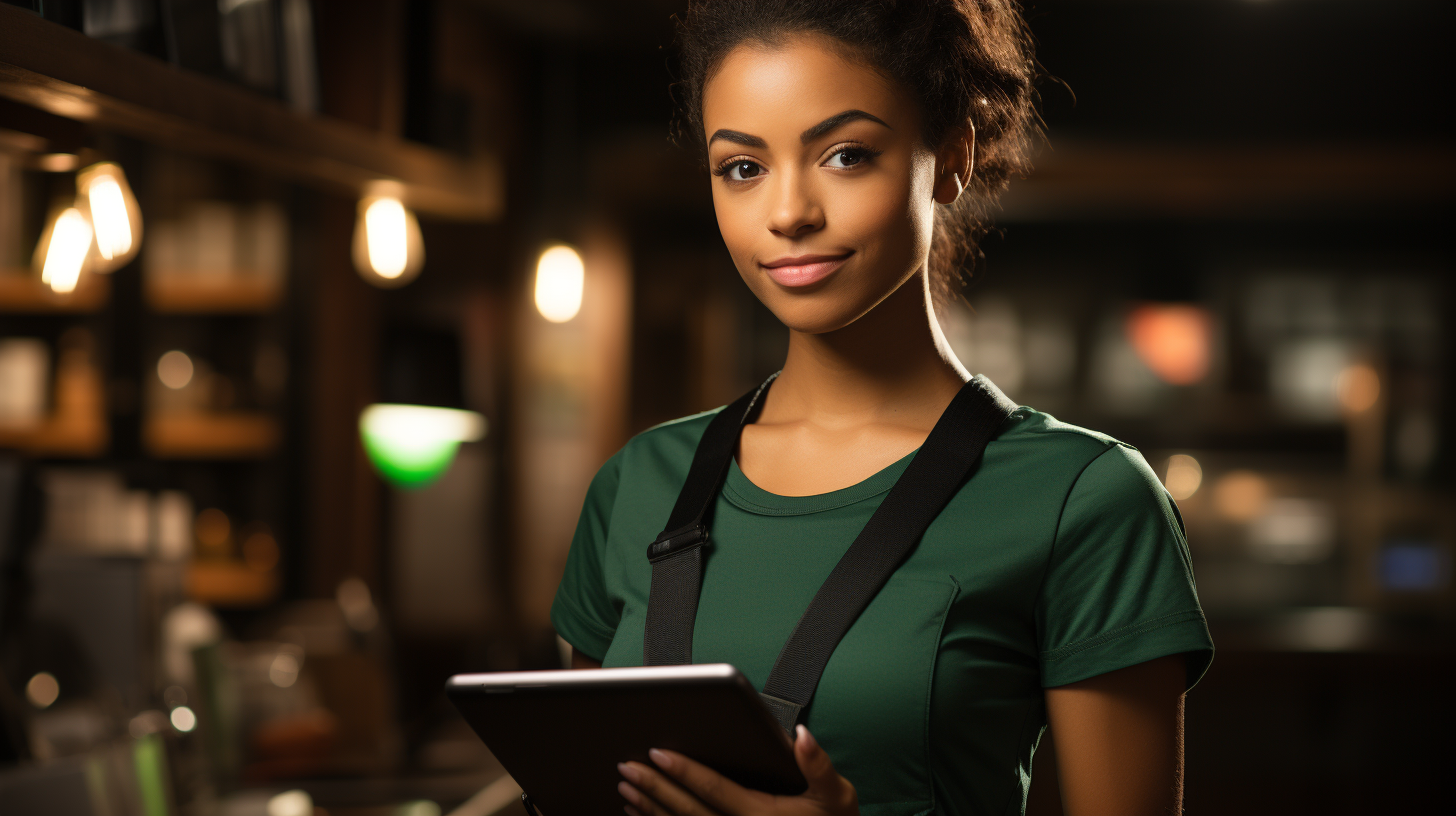 Smiling restaurant hostess welcoming guests with an iPad