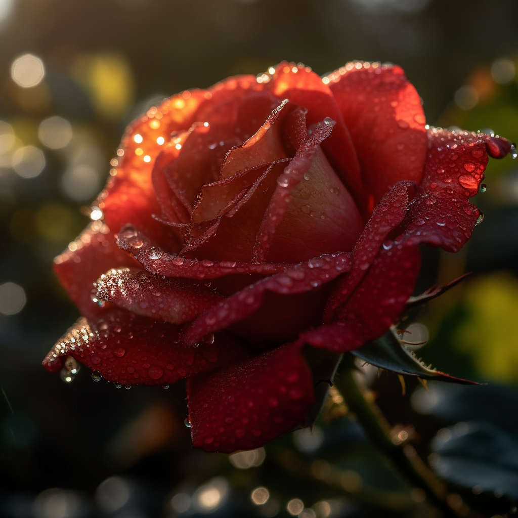 Exquisite red rose with dewdrops