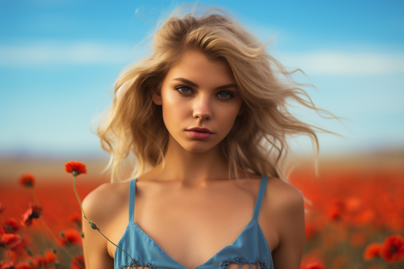 Russian model with blonde curly hair in a poppy field