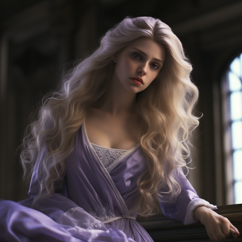 Sad woman with white wavy hair in purple gown