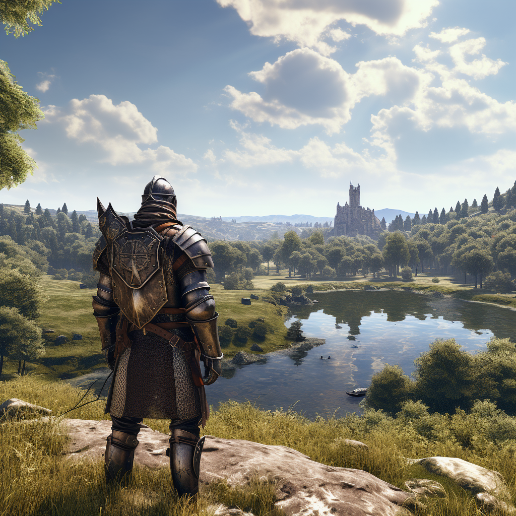 Warrior overlooking meadow, river, castle