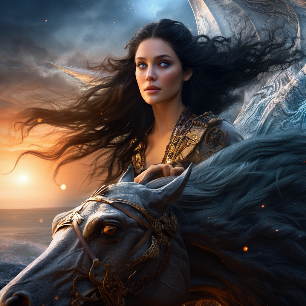 Beautiful she-elf priestess riding griffin at dusk