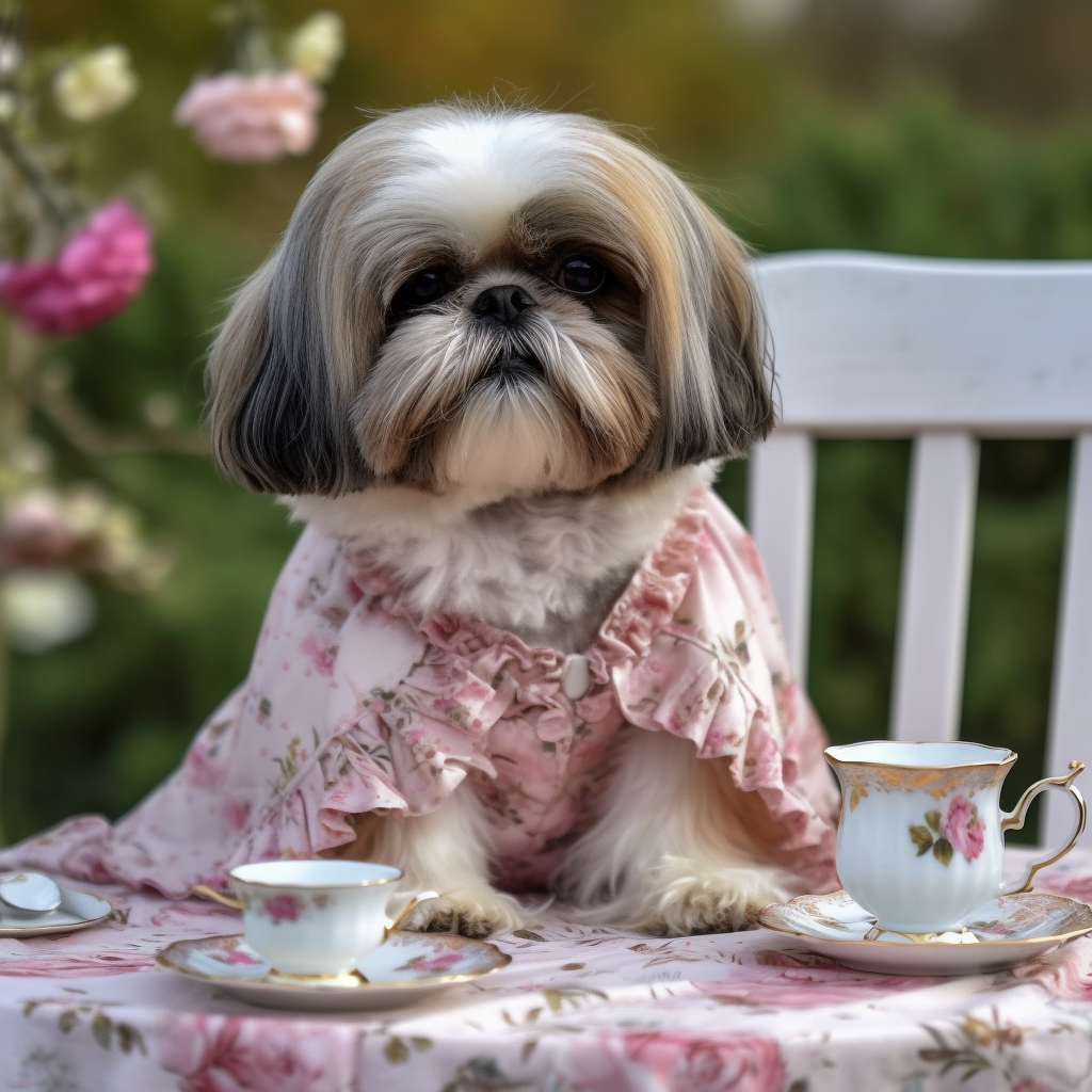 Adorable shihtzu dog in a pink dress having a tea party