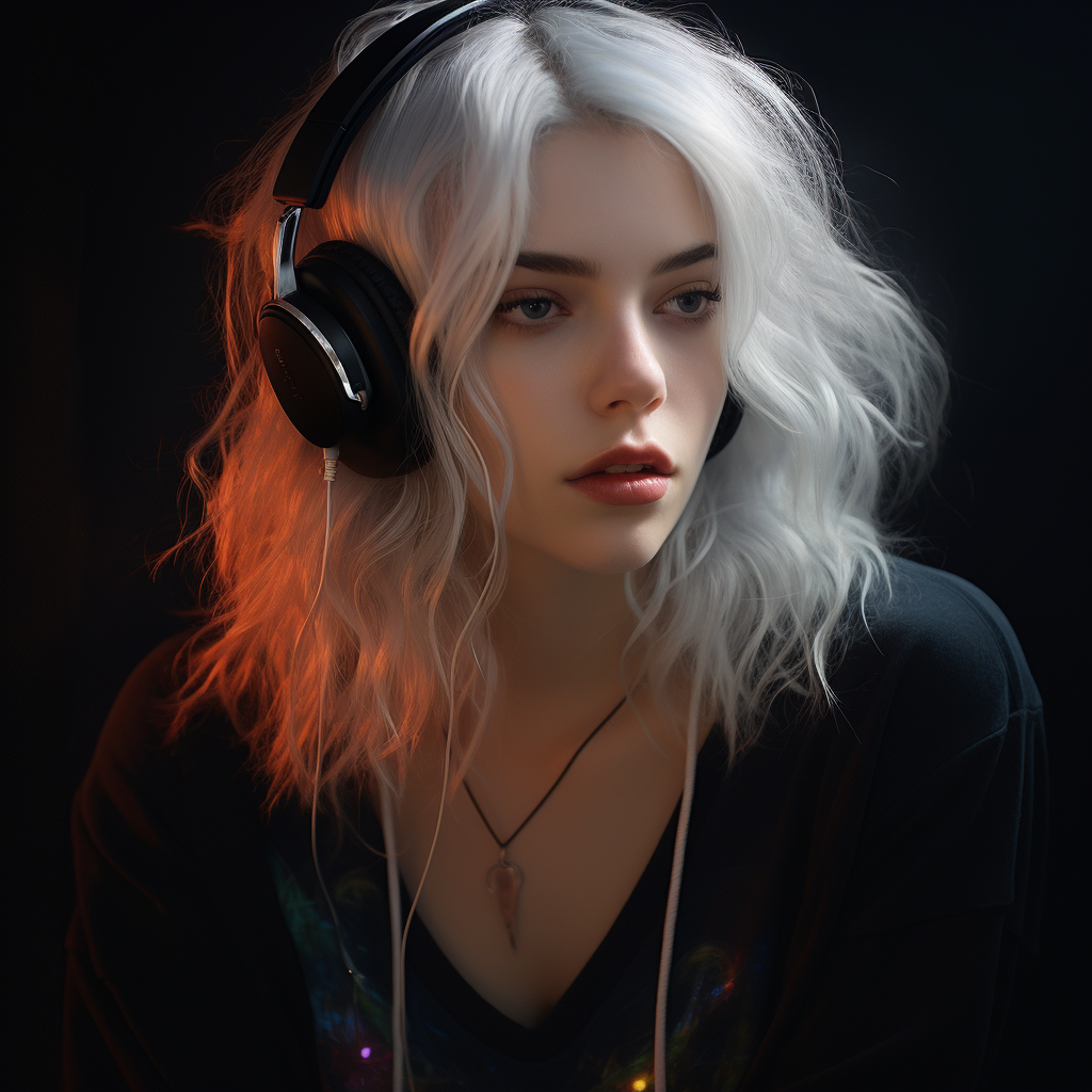 Stunning silver-haired supermodel with headphones