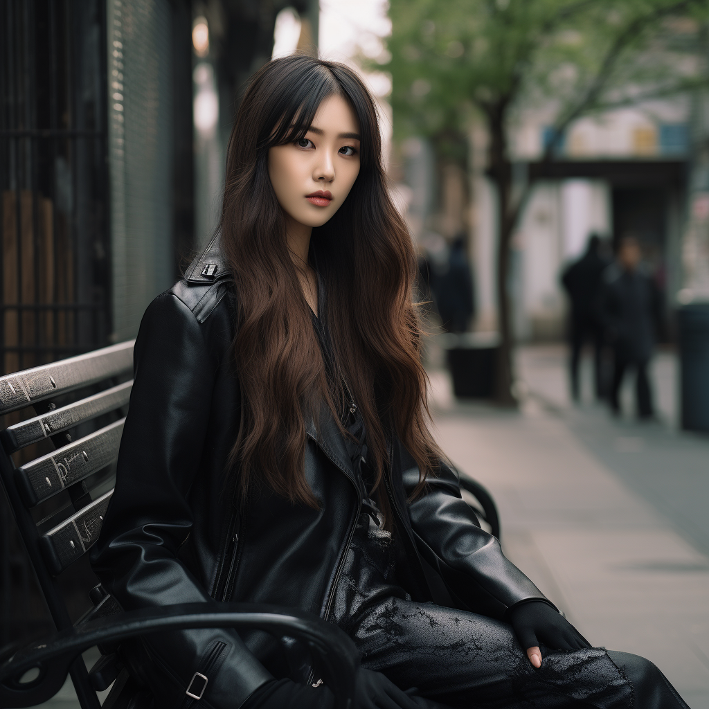 Japanese celebrity with long hair wearing gloves, blazer, and leggings