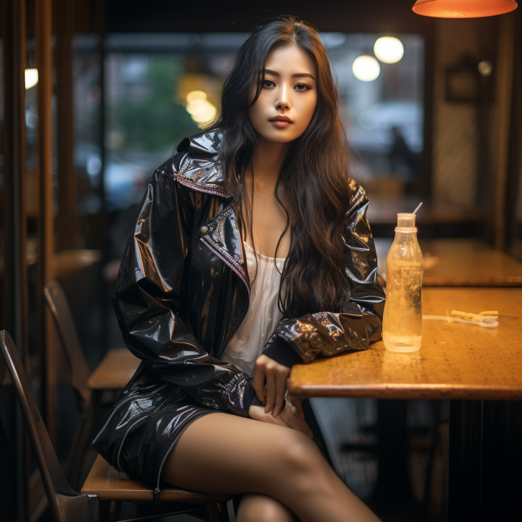 Stylish Japanese model in rain jacket