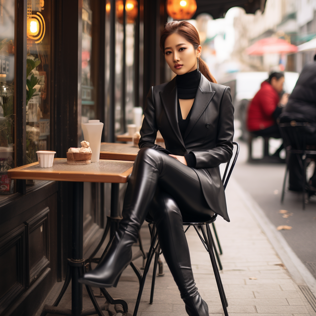 Beautiful Korean celebrity in gloves at café  ?