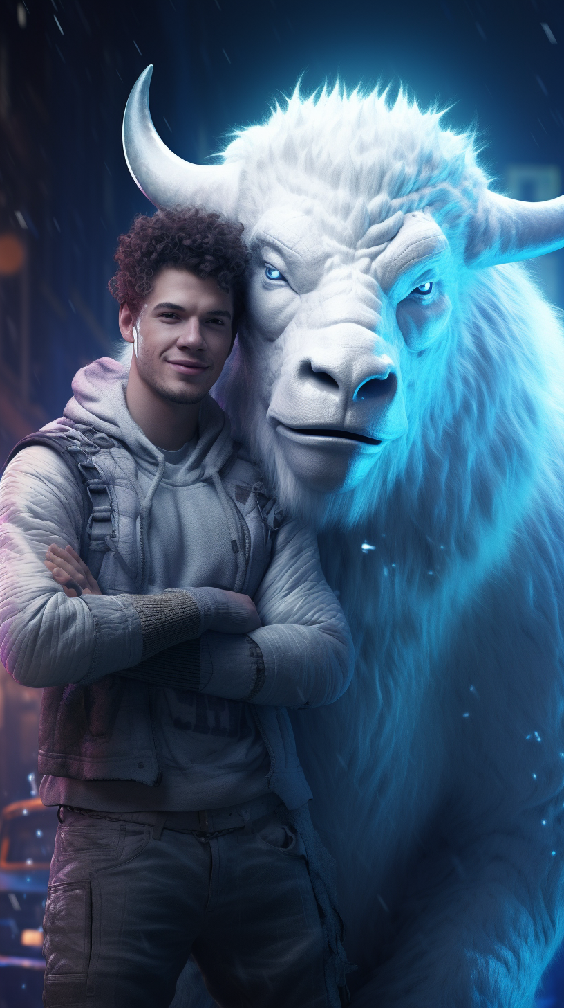 Smiling man hugging white bull creature