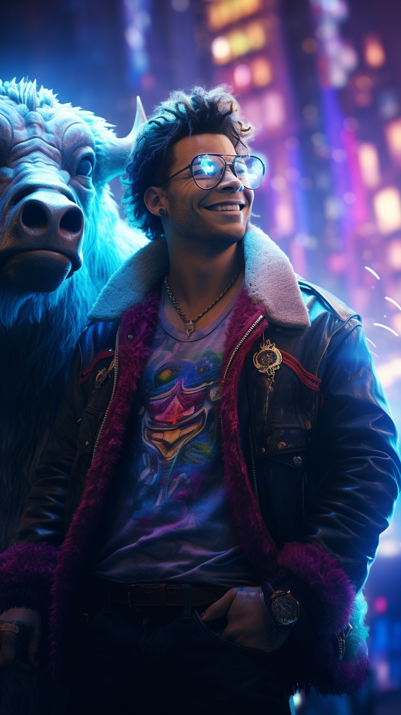 Smiling man with fluffy bull creature in cyberpunk