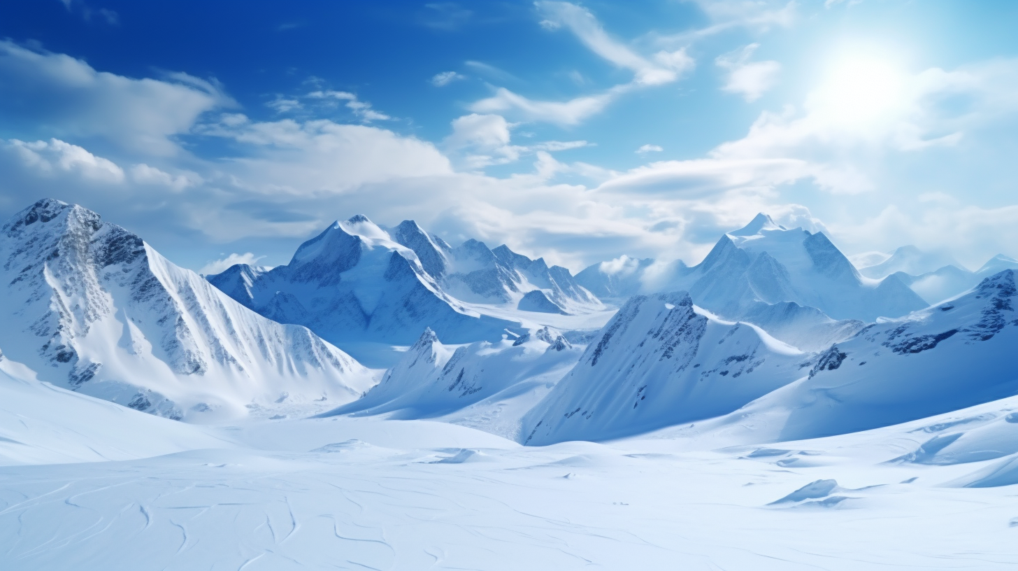 Snow-covered mountains under bright blue sky