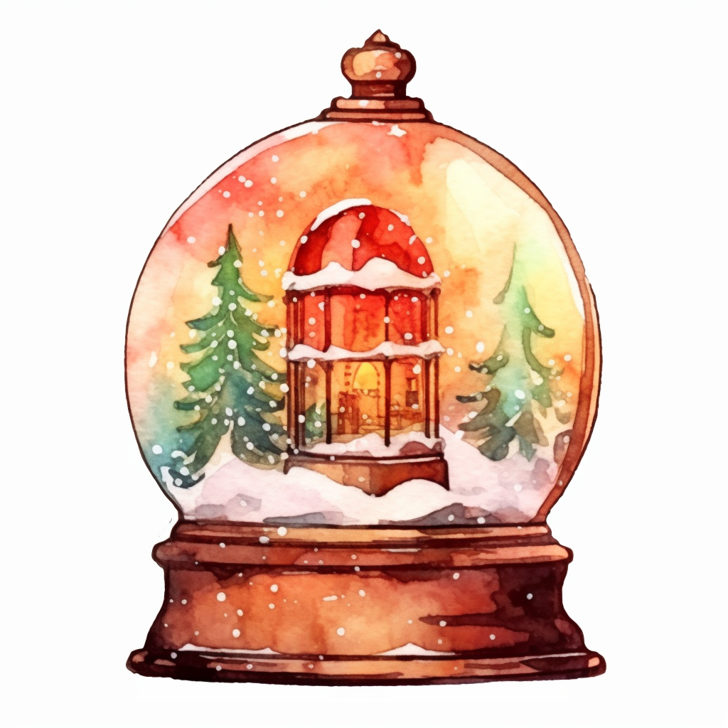 Isolated watercolor illustration of a snow globe with a sleigh