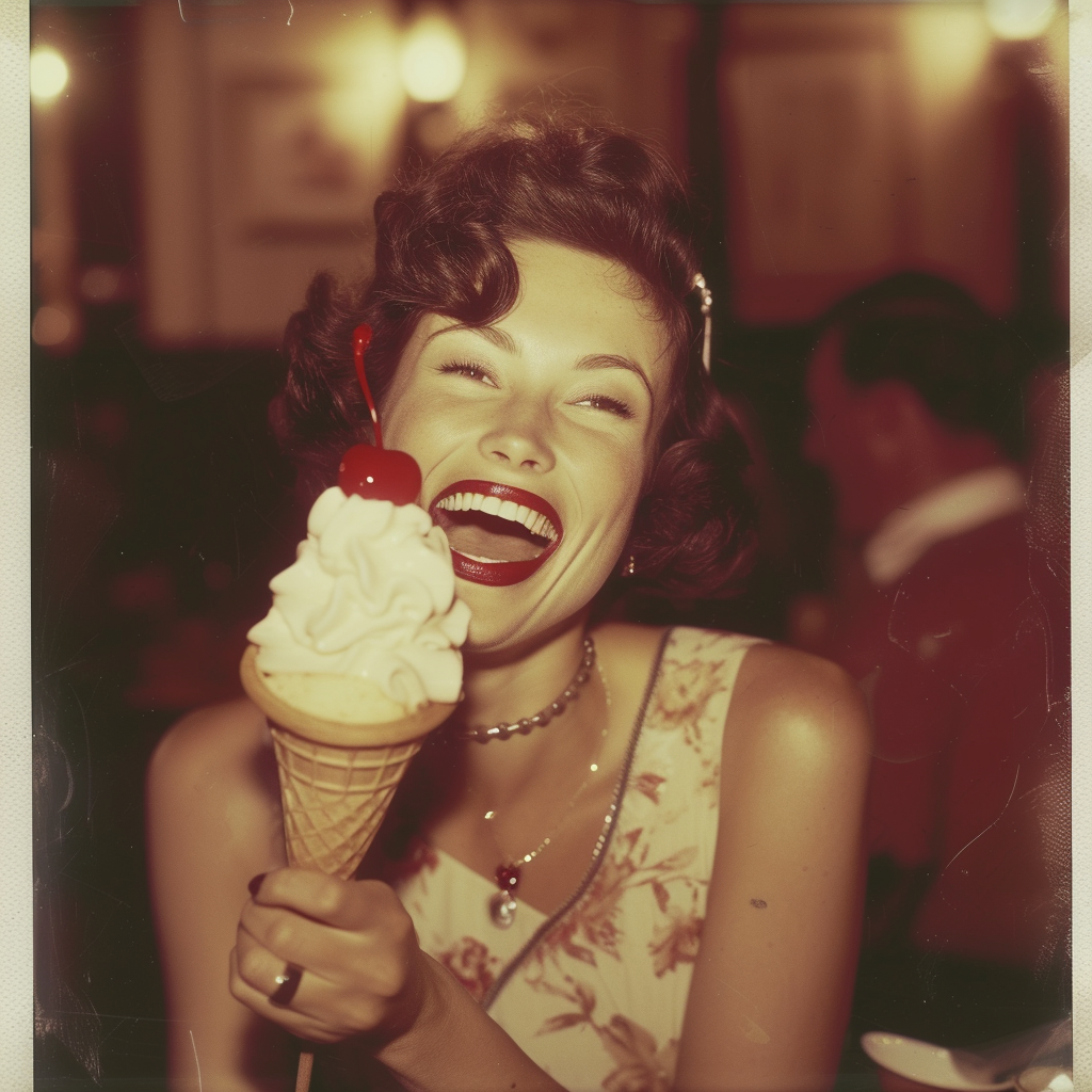 Beautiful socialite laughing with ice cream sundae