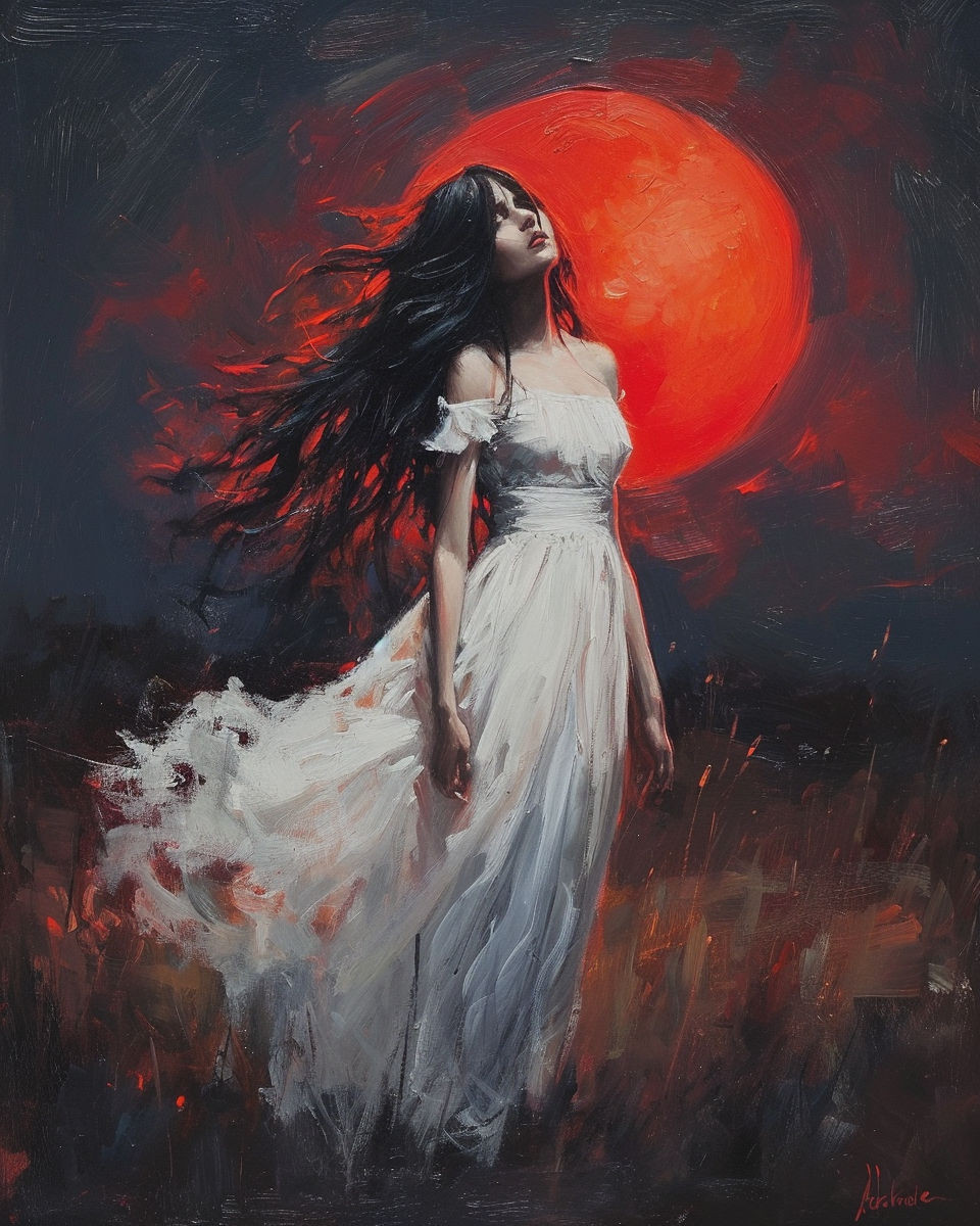 Beautiful sorceress under red moon