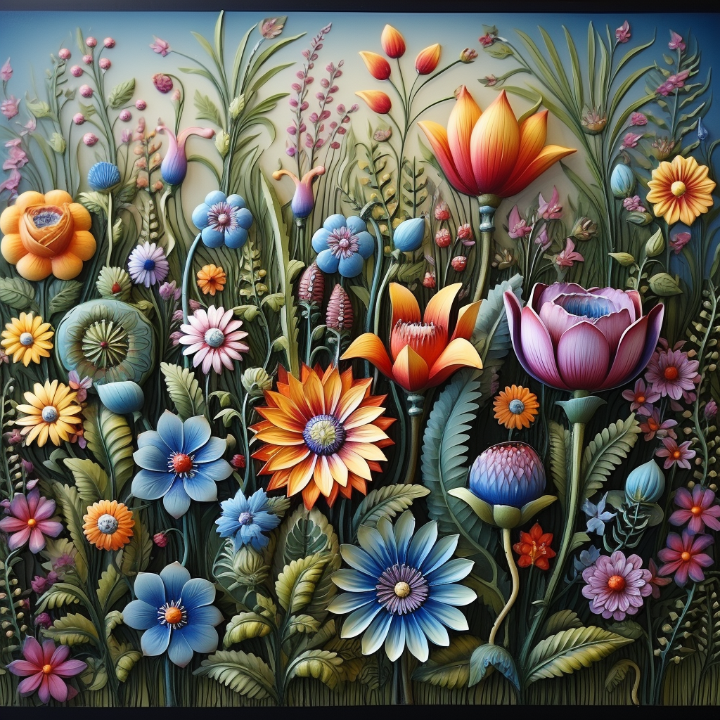 Detailed garden painting with beautiful spring flowers