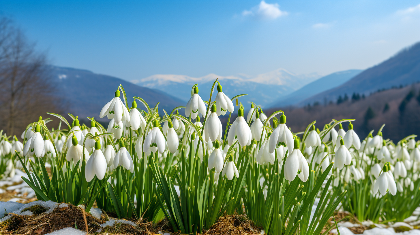 Beautiful Spring Snowdrops with Mountain Background