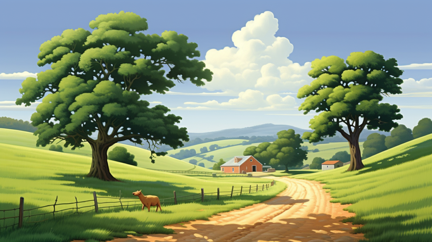 Peaceful summer farm landscape painting