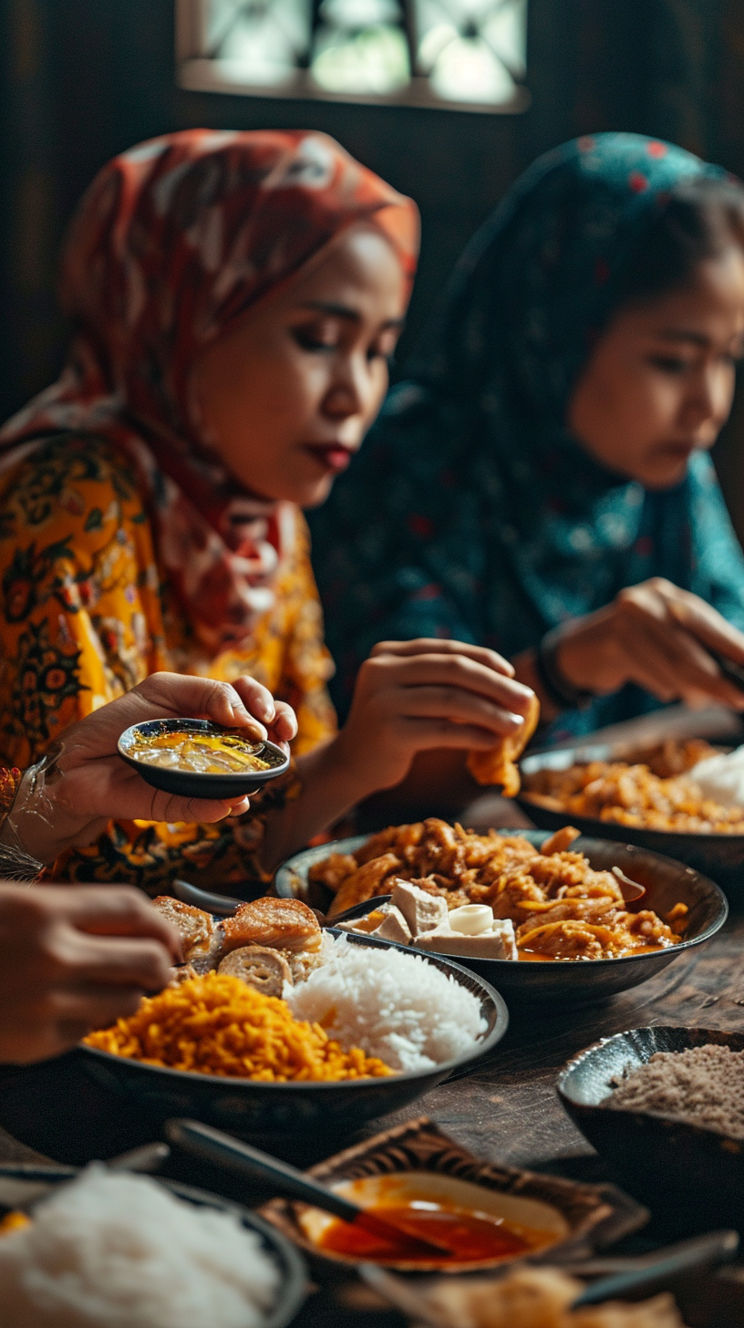 Sundanese women enjoying traditional Indonesian food